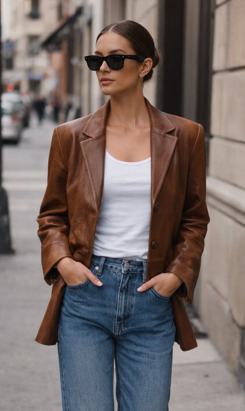 Jones New York Brown Leather Blazer Jacket Vintage Distressed Small